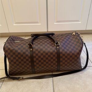 Brown Checkered Pleather Duffel Bag